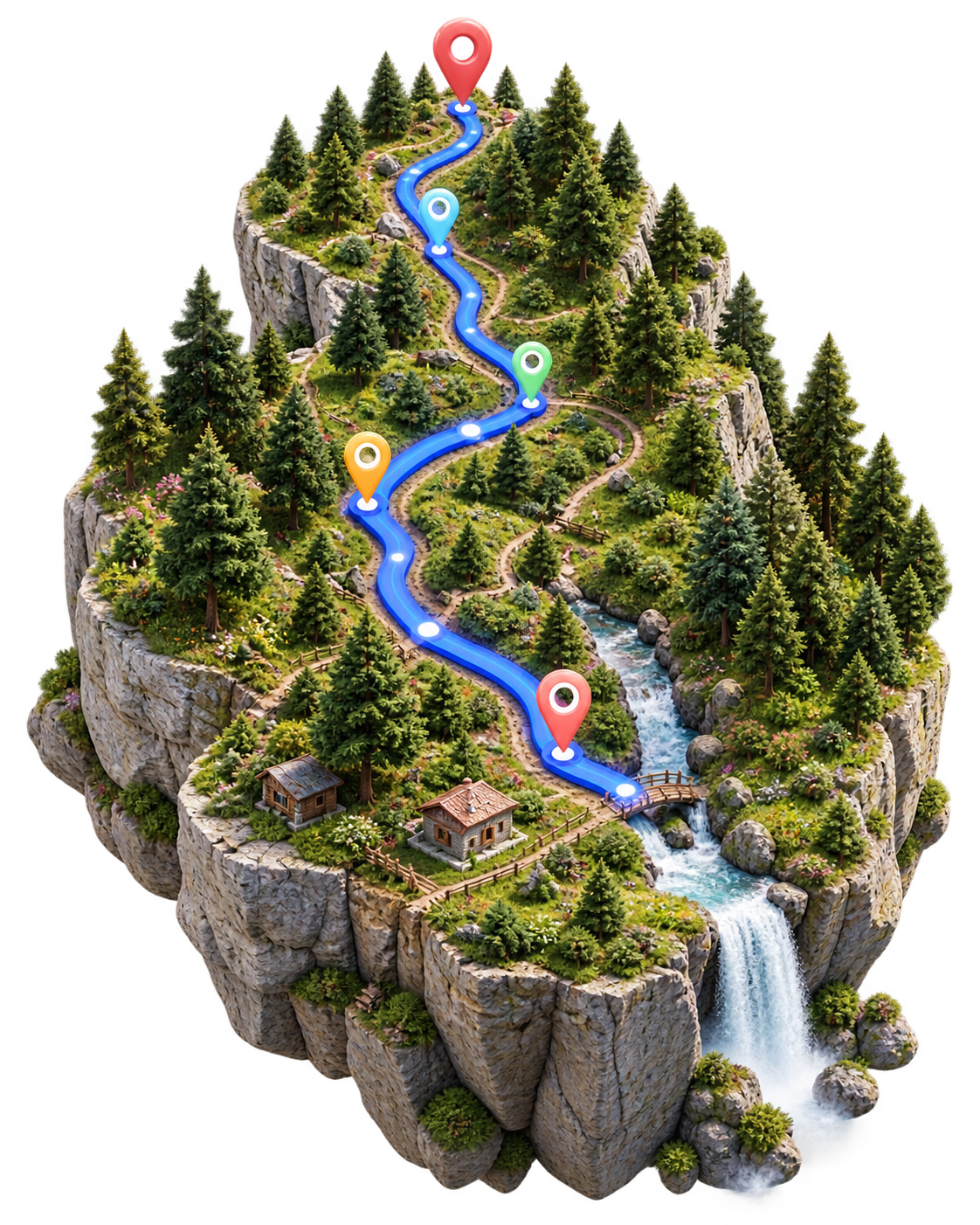 3D terrain island with a blue route and waterfall